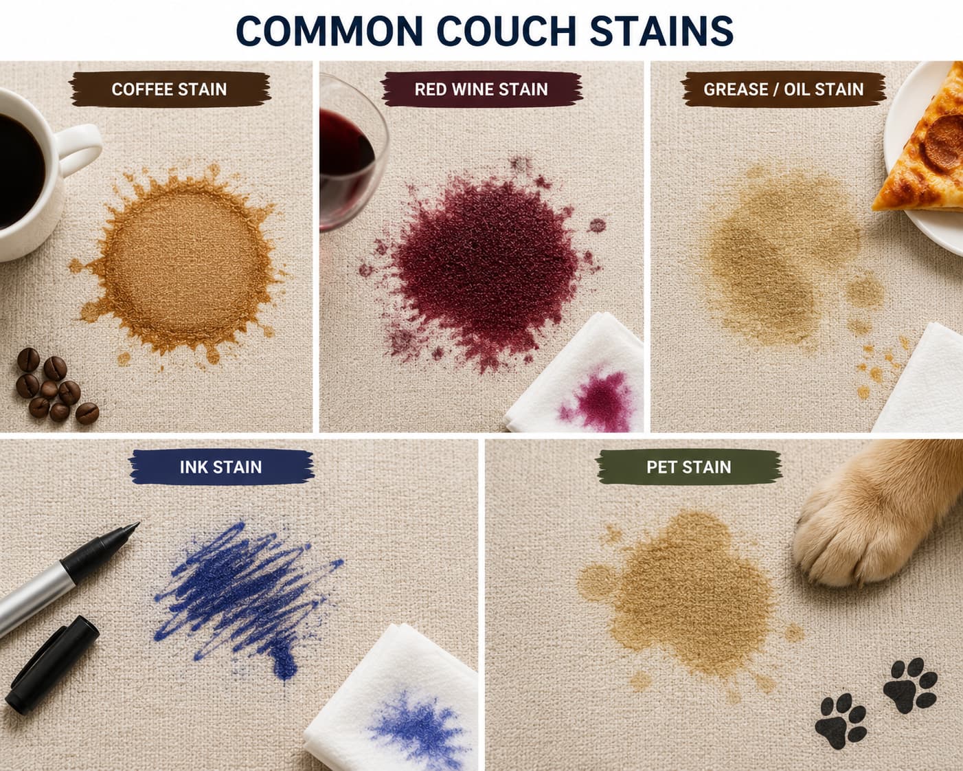 Common couch stains including coffee wine grease and pet stains