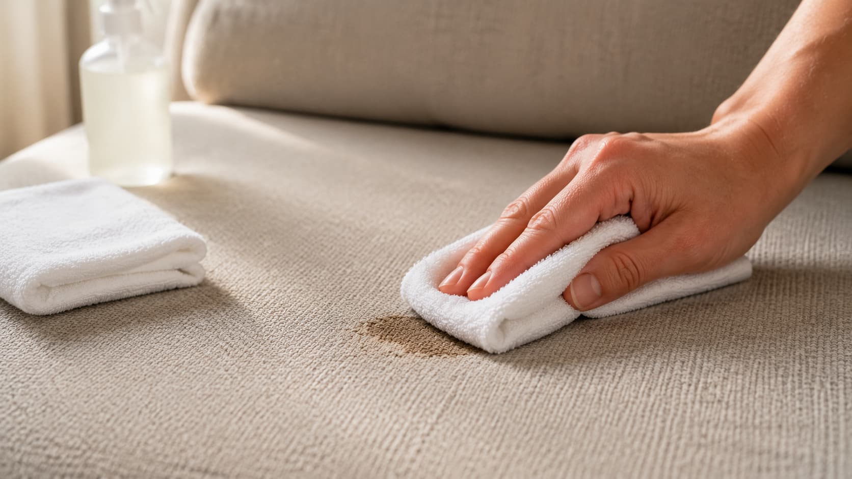 Blotting an old upholstery stain with a clean white microfiber cloth