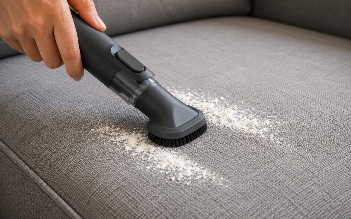 A hand using a vacuum cleaner attachment to clean baking soda powder off a grey couch cushion.