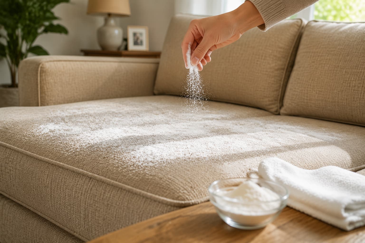 Baking soda sprinkled on a fabric sofa to help absorb odors