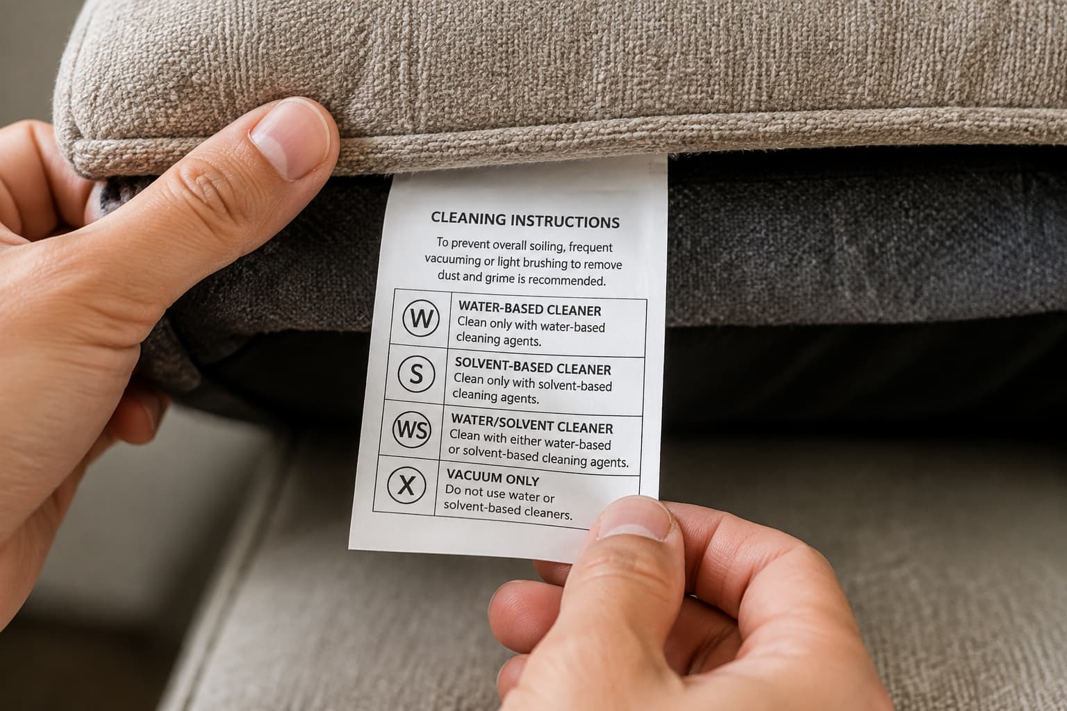 Couch cleaning code label showing W S WS X symbols