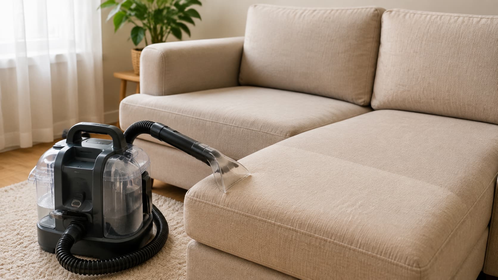 Portable upholstery cleaner beside a water-safe fabric sofa