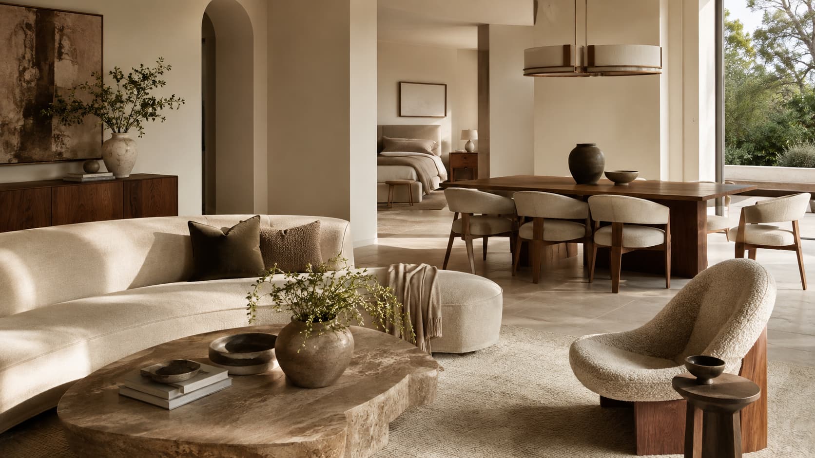 Timeless high-quality sofa, dining table, chairs, lounge chair, and storage furniture in a sophisticated modern home.