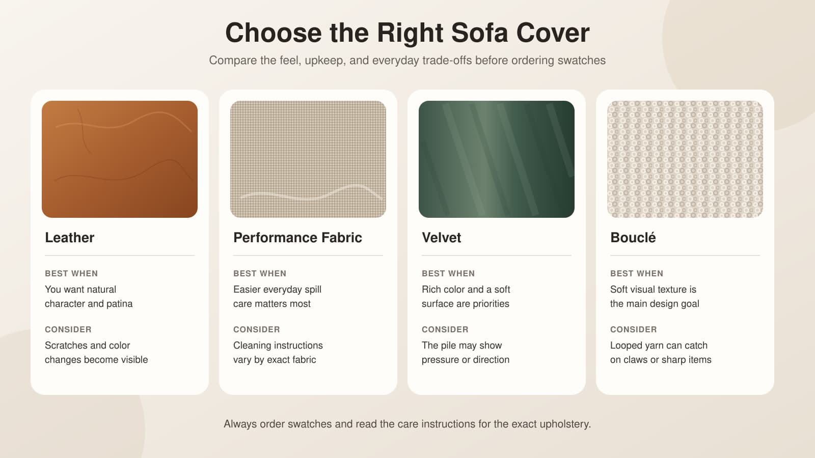 Article sofa cover comparison showing leather, performance fabric, velvet, and bouclé upholstery choices.