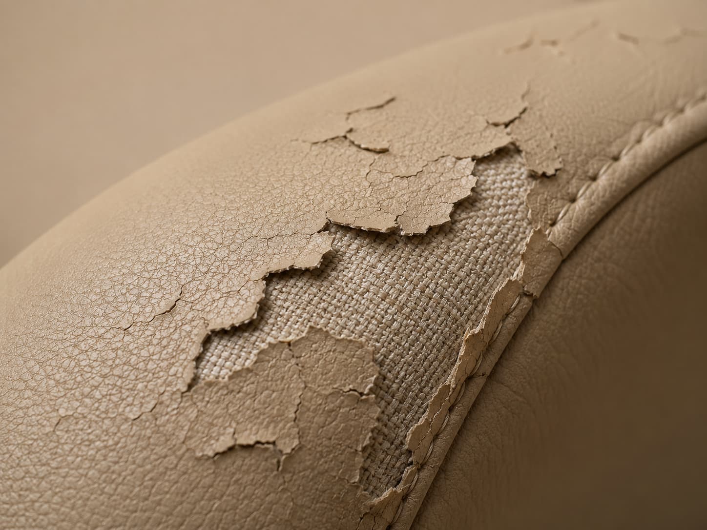 Close-up of faux leather coating peeling away from the fabric backing
