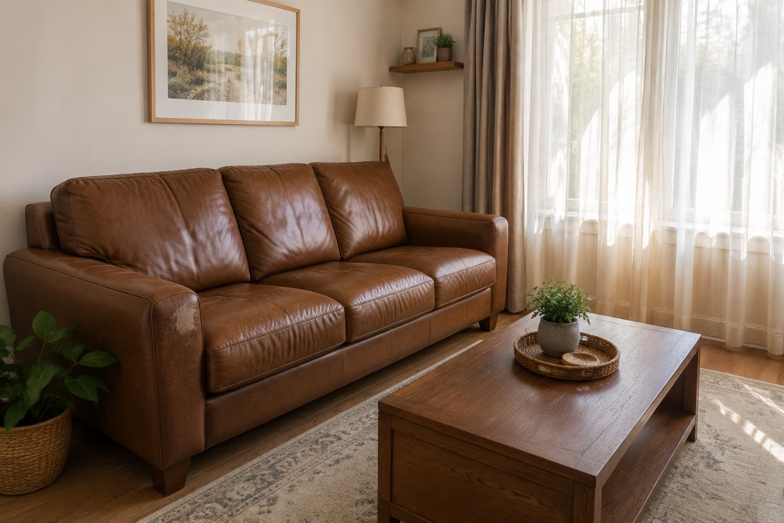 Faux leather sofa positioned away from direct sunlight to prevent peeling