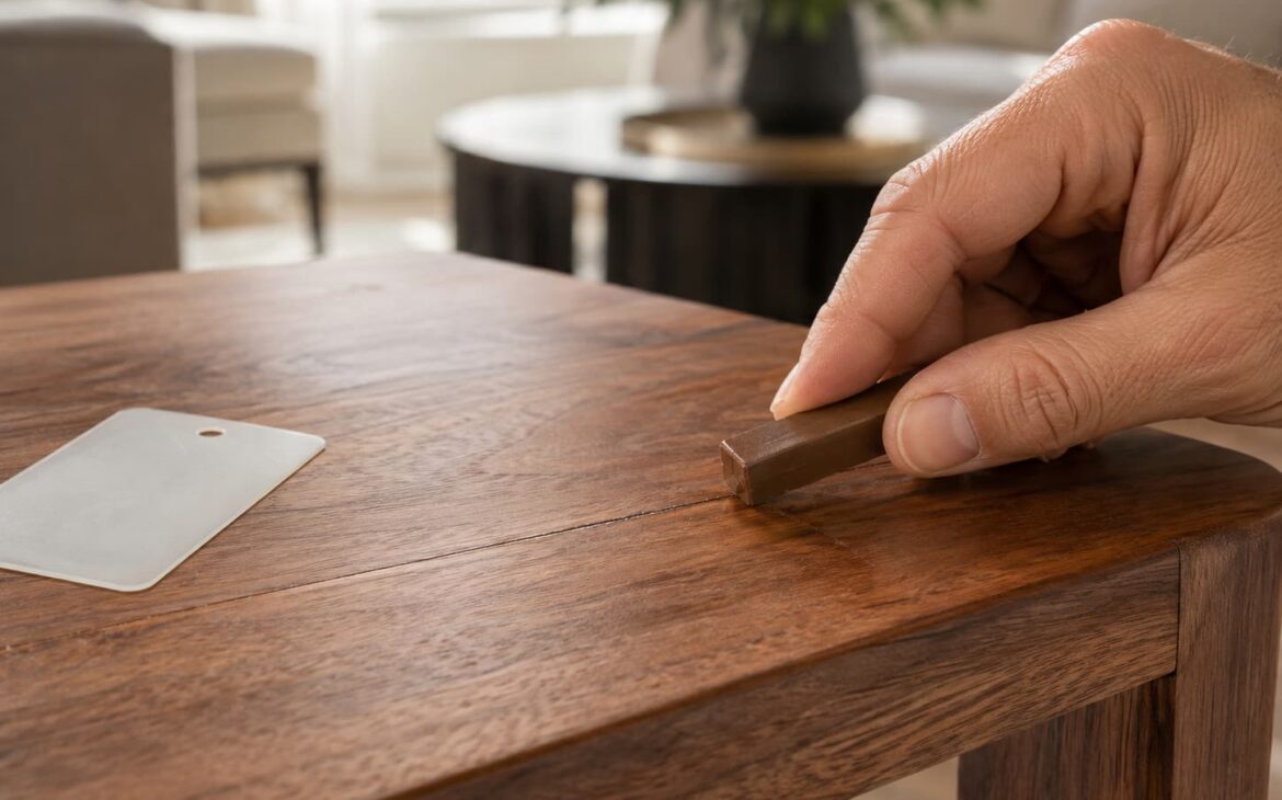 Wax filler being applied to a narrow scratch in wood furniture