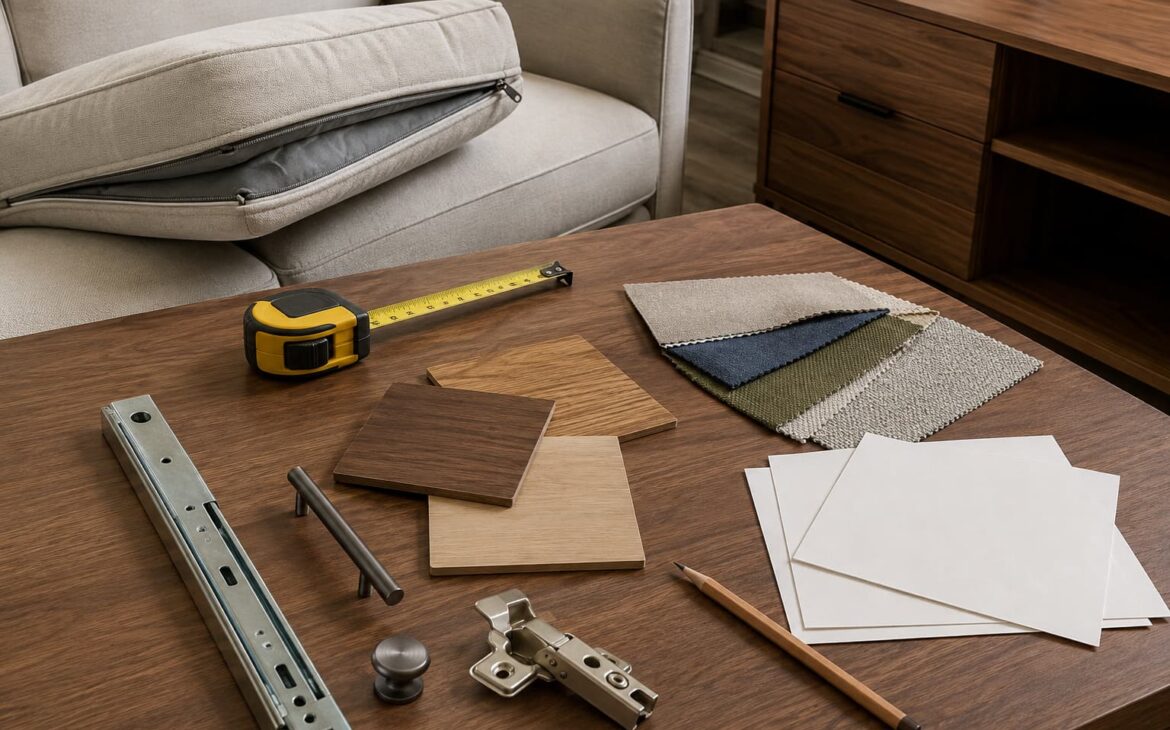 Furniture inspection materials including fabric swatches, wood samples, hardware, a tape measure, and a removable cushion.