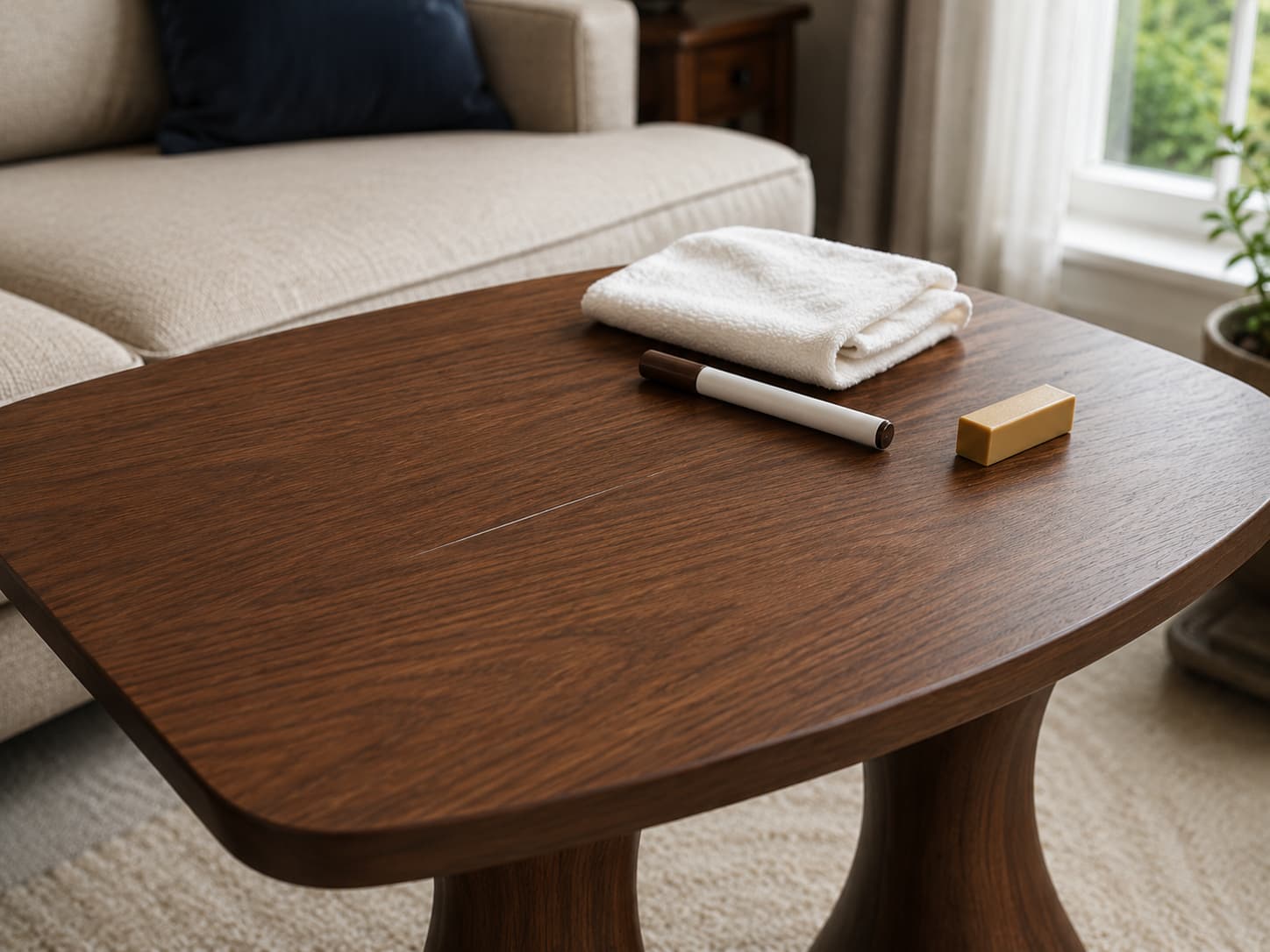 Hand inspecting a light scratch on a walnut side table
