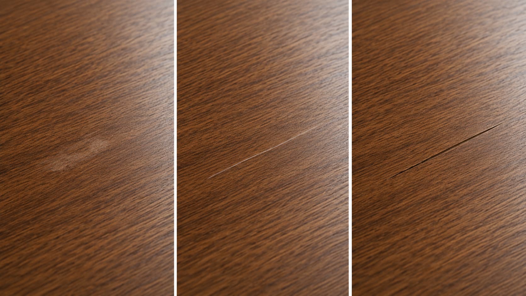 urface scuff, shallow scratch, and deeper groove on wood