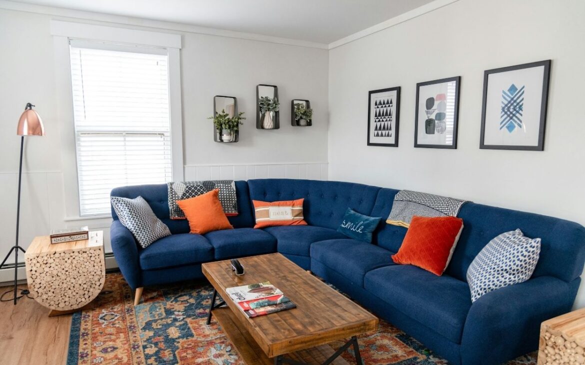 Velvet sofa with smooth upright pile in a living room